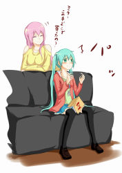 Rule 34 | 2girls, aqua eyes, aqua hair, arm support, bare shoulders, black legwear, blue skirt, blush, book, breasts, caught, commentary, couch, crossed arms, dropping, closed eyes, furrowed brow, green shirt, hatsune miku, highres, jacket, leaning forward, long hair, mary janes, medium breasts, megurine luka, multiple girls, nejikyuu, pink hair, pornography, red jacket, shirt, shoes, sitting, skirt, smile, ^^^, surprised, thighhighs, translated, twintails, vocaloid, yellow shirt