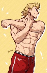 Rule 34 | 1boy, abs, alternate costume, bara, blonde hair, blue eyes, boku no hero academia, bulge, highres, kuroshinki, looking to the side, male focus, muscular, muscular male, navel, nipples, pectorals, red shorts, topless male, short hair, shorts, sideburns, solo, spiked hair, stomach, togata mirio