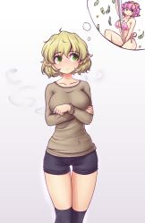Rule 34 | 2girls, alternate costume, bikini, black shorts, black socks, blonde hair, breast hold, breasts, brown sweater, casual, cigarette, collarbone, commentary, contemporary, crossed arms, elf, gradient background, green eyes, hairband, hater (hatater), heart, highres, kneehighs, komeiji satori, large breasts, long sleeves, looking up, mizuhashi parsee, money, multiple girls, pink bikini, pointy ears, pole, pole dancing, short shorts, shorts, smile, socks, stripper, stripper pole, sweater, swimsuit, thigh gap, third eye, thought bubble, touhou, white background