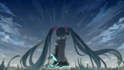 Rule 34 | 1girl, absurdly long hair, absurdres, aqua hair, belt, cityscape, commentary, cowboy shot, detached sleeves, english commentary, from behind, glowing, hair ornament, hand over face, hatsune miku, headphones, highres, long hair, night, night sky, re eva, scenery, shooting star, skirt, sky, solo, symbol-only commentary, thighhighs, twintails, very long hair, vocaloid, zettai ryouiki