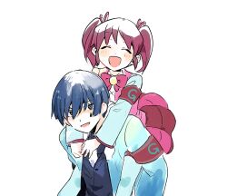Rule 34 | 1boy, 1girl, armband, blue eyes, blue hair, blue jacket, blue vest, carrying, closed eyes, commentary request, employee (project moon), happy, jacket, lobotomy corporation, long sleeves, medu (rubish), neck ribbon, necktie, open clothes, open jacket, open mouth, piggyback, pink hair, pink ribbon, pink shirt, pink skirt, pleated skirt, project moon, red armband, ribbon, shirt, short hair, short twintails, simple background, sketch, skirt, smile, socks, twintails, vest, white background, white necktie, white shirt, white socks