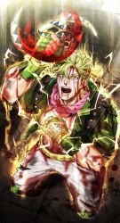 Rule 34 | 1boy, absurdres, arm up, aura, bad id, bad pixiv id, blonde hair, blood, blood on clothes, blood on face, caesar anthonio zeppeli, clenched hand, crack, cracked floor, facial mark, fingerless gloves, gloves, green eyes, highres, holding, jacket, jewelry, jojo no kimyou na bouken, knee pads, kneeling, lightning, male focus, mitarashi (mimi88884), open mouth, ring, solo, torn clothes, winged hair ornament