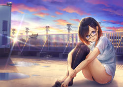 Rule 34 | 1girl, ass, black-framed eyewear, black footwear, black hair, black panties, black skirt, black thighhighs, blue sky, breasts, cloud, cloudy sky, collared shirt, commentary request, glasses, hugging own legs, medium breasts, original, outdoors, over-kneehighs, panties, parted lips, pleated skirt, purple eyes, railing, rooftop, shirt, shoes, unworn shoes, short hair, short sleeves, shouhei, skirt, unworn skirt, sky, smile, solo, sunlight, sunset, swept bangs, thighhighs, underwear, wet, white shirt