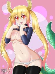 Rule 34 | 1girl, absurdres, black thighhighs, blonde hair, breasts, clothes lift, covering privates, covering breasts, danmakuman, dragon horns, hair between eyes, highres, horns, kobayashi-san chi no maidragon, large breasts, long hair, long sleeves, looking at viewer, navel, open mouth, panties, pink background, red eyes, slit pupils, smile, solo, standing, sweater, sweater lift, tail, teeth, thighhighs, tohru (maidragon), tongue, twintails, underwear, upper teeth only, white panties