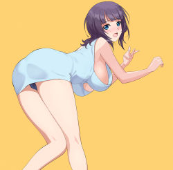 Rule 34 | 1girl, a1 (initial-g), asaka karin, bent over, blue eyes, blue panties, breasts, commentary request, dress, hanging breasts, large breasts, looking at viewer, love live!, love live! nijigasaki high school idol club, no bra, open mouth, panties, purple hair, short hair, simple background, sleeveless, sleeveless dress, solo, standing, underwear, yellow background