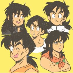 Rule 34 | 1boy, black eyes, black hair, black shirt, blush, closed mouth, collarbone, constricted pupils, crossed arms, dragon ball, dragon ball (classic), dragonball z, facial hair, flat color, hair tie, half-closed eyes, happy, light blush, long hair, male focus, multiple views, one eye closed, open mouth, orange shirt, parted lips, ponytail, scar, scar across eye, scar on face, shirt, short hair, sidelocks, simple background, sketch, sleeveless, sleeveless shirt, smile, stellarspin, stubble, thick eyebrows, v-shaped eyebrows, white shirt, wide-eyed, wink, yamcha, yellow background