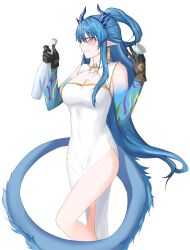 Rule 34 | 1girl, arknights, bare shoulders, between fingers, black gloves, blue hair, blue tail, blush, bottle, breasts, china dress, chinese clothes, chinese commentary, choko (cup), cleavage, cleavage cutout, clothing cutout, collared dress, colored extremities, commentary request, cup, dragon girl, dragon horns, dragon tail, dress, earrings, feet out of frame, gloves, grin, hands up, highres, holding, holding bottle, horns, jewelry, large breasts, leg up, ling (arknights), ling (it does wash the strings) (arknights), long hair, looking at viewer, necktie, neti (cpu11151), official alternate costume, pointy ears, profile, purple eyes, short necktie, side slit, sideways glance, simple background, sleeveless, sleeveless dress, smile, solo, standing, tail, tail raised, very long hair, white background, white dress, white necktie