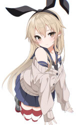 Rule 34 | 1girl, absurdres, black hairband, black neckerchief, blonde hair, blue skirt, fathom, grey sweater, hair between eyes, hairband, highres, kantai collection, long hair, long sleeves, looking at viewer, miniskirt, neckerchief, off shoulder, orange eyes, pleated skirt, red thighhighs, school uniform, serafuku, shimakaze (kancolle), skirt, sleeves past wrists, smile, solo, striped clothes, striped thighhighs, sweater, thighhighs, white background, white thighhighs
