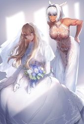 Rule 34 | 1boy, 1girl, arm tattoo, bare shoulders, blonde hair, blue eyes, body markings, bouquet, bridal veil, bride, caenis (fate), chest tattoo, commentary request, crossdressing, dark-skinned female, dark skin, dress, fate/grand order, fate (series), flower, hair intakes, highres, kirschtaria wodime, long hair, navel, no bra, no panties, open mouth, pubic tattoo, revealing clothes, sabamori11, see-through, short hair, sitting, smile, standing, stomach tattoo, tattoo, toned, veil, wedding dress