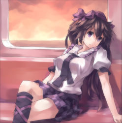 Rule 34 | 1girl, bench, bow, brown hair, checkered clothes, checkered skirt, female focus, hair bow, hat, himekaidou hatate, huanxiang huifeng, leg ribbon, crossed legs, long hair, necktie, nodata, purple eyes, red sky, ribbon, shirt, sitting, skirt, sky, smile, solo, touhou, twintails, window