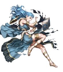 Rule 34 | 1girl, alternate hair length, alternate hairstyle, armlet, bare shoulders, blue dress, blue hair, book, bracelet, braid, breasts, brown eyes, crests (fire emblem), crown braid, dancer, dancer (fire emblem: three houses), dress, earrings, feet, female focus, fire emblem, fire emblem: three houses, fire emblem heroes, highres, jewelry, kusakihara toshiyuki, long hair, marianne von edmund, medium breasts, nintendo, official alternate costume, official alternate hairstyle, official art, one eye closed, sandals, solo, thighlet, thighs, toeless footwear, toes, torn clothes, torn dress, transparent background