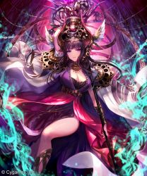 Rule 34 | 1girl, breasts, brown hair, chain, cleavage, dress, floating hair, holding, holding staff, horns, irua, large breasts, long hair, looking at viewer, nephthys (grandblue fantasy), parted lips, purple dress, purple eyes, shadowverse, shiny skin, side slit, solo, staff