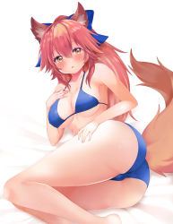 Rule 34 | 1girl, animal ear fluff, animal ears, bikini, blue bikini, blue ribbon, blush, breasts, cleavage, collarbone, fate/grand order, fate (series), fox ears, fox girl, fox tail, hair ribbon, hand on own chest, highres, large breasts, long hair, looking at viewer, open mouth, pink hair, ponytail, ribbon, sabi (rupf2384), simple background, solo, swimsuit, tail, tamamo (fate), tamamo no mae (fate/extra), white background, yellow eyes