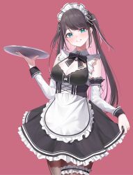 Rule 34 | 1girl, absurdres, black hair, blue eyes, blush, breasts, brown hair, cleavage, colored inner hair, highres, horo 27, kaga nazuna, large breasts, long hair, looking at viewer, maid, mole, mole under eye, multicolored hair, pink background, pink hair, smile, solo, two-tone hair, virtual youtuber, vspo!
