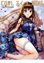 Rule 34 | 1girl, absurdres, artist name, ass, bare shoulders, black gloves, blue dress, blue flower, blue footwear, blue gemstone, blue rose, blush, breasts, brown hair, clothes lift, couch, cover, cover page, dress, earrings, eternal bloom (idolmaster), flower, frilled dress, frills, garter straps, gem, gloves, green eyes, hamahama, high heels, highres, idolmaster, idolmaster cinderella girls, jewelry, lace, lace gloves, legs, lifting own clothes, light rays, long hair, looking at viewer, necklace, open mouth, petals, pink flower, pink rose, purple flower, purple rose, rose, rose petals, scan, shibuya rin, skirt, skirt lift, small breasts, smile, solo, sunbeam, sunlight, thigh strap, thighs, tsurime, window