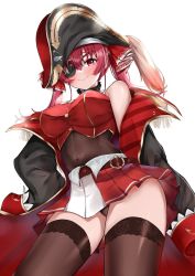 Rule 34 | 1girl, belt, bicorne, black coat, black leotard, black thighhighs, blush, coat, covered navel, cropped jacket, eyepatch, from below, hair between eyes, hair ribbon, hat, highres, hololive, houshou marine, jacket, leotard, leotard under clothes, looking at viewer, nemun (tamizzz), off shoulder, pleated skirt, red eyes, red hair, red jacket, red skirt, ribbon, see-through, see-through leotard, simple background, skirt, smile, solo, thighhighs, twintails, virtual youtuber, white background