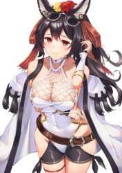 Rule 34 | 1girl, animal ears, bare shoulders, black hair, blush, breasts, bridal gauntlets, cleavage, collarbone, erune, gloves, granblue fantasy, hair between eyes, hair ribbon, highres, ilsa (granblue fantasy), large breasts, leaning forward, long hair, one-piece swimsuit, red eyes, red ribbon, ribbon, sg (satoumogumogu), smile, solo, swimsuit, white gloves, white one-piece swimsuit