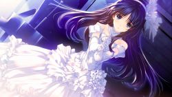 Rule 34 | 10s, 1girl, black hair, blue eyes, breasts, dress, elbow gloves, game cg, gloves, good end, hair ornament, hairband, long hair, looking at viewer, nakamura takeshi, small breasts, solo, touma kazusa, wedding dress, white album (series), white album 2, white dress