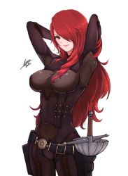 Rule 34 | 1girl, airisubaka, arms behind head, arms up, black bodysuit, bodysuit, closed mouth, cowboy shot, hair over one eye, kirijou mitsuru, long hair, looking at viewer, persona, persona 3, persona 4: the ultimate in mayonaka arena, rapier, red hair, smile, solo, sword, weapon