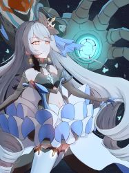 Rule 34 | 1girl, alternate eye color, bare shoulders, blue butterfly, bronya zaychik, bronya zaychik (herrscher of reason), bug, butterfly, closed mouth, drill hair, earrings, gloves, glowing, glowing eyes, glowing weapon, grey hair, highres, honkai (series), honkai impact 3rd, bug, jewelry, long hair, navel, project bunny, solo, twin drills, weapon, yellow eyes, yogert egg