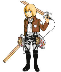 Rule 34 | 1boy, armin arlert, belt, blonde hair, blue eyes, bob cut, boots, cropped jacket, food, food-themed clothes, food in mouth, full body, jacket, knee boots, long sleeves, looking at viewer, male focus, okada (hoooojicha), over shoulder, pants, pocky, shingeki no kyojin, short hair, snack, solo, standing, thigh strap, three-dimensional maneuver gear, weapon, weapon over shoulder, white background