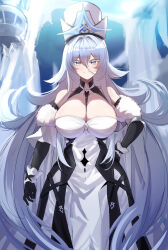 Rule 34 | 1girl, absurdres, azur lane, bare shoulders, black dress, black gloves, breasts, cleavage, dress, febicoron, feet out of frame, fur trim, gloves, hand on own hip, highres, huge breasts, ice, long hair, looking at viewer, solo, sovetsky soyuz (azur lane), standing, two-tone dress, very long hair, white dress, white eyes, white hair, white headwear