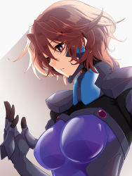 Rule 34 | 1girl, breasts, bright pupils, brown hair, fortified suit, from side, gloves, grey gloves, hair between eyes, highres, isumi michiru, kamon rider, looking down, medium breasts, muv-luv, muv-luv alternative, open hand, parted lips, pilot suit, portrait, purple eyes, shadow, short hair, skin tight, solo, white background, white pupils