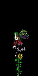 Rule 34 | 1girl, absurdres, ascot, black background, dark, female focus, flower, highres, kazami yuuka, kazami yuuka (pc-98), long image, pants, parasol, profile, row, row (akatuki), solo, stained glass, sunflower, tall image, touhou, touhou (pc-98), umbrella, wings