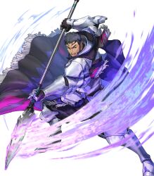 Rule 34 | 1boy, armor, attack, beard, black cape, black hair, blue cape, cape, clenched teeth, facial hair, fire emblem, fire emblem engage, fire emblem heroes, gauntlets, greaves, highres, holding, holding polearm, holding weapon, mauvier (fire emblem), multicolored cape, multicolored clothes, nintendo, non-web source, official art, open mouth, polearm, purple cape, short hair, solo, teeth, v-shaped eyebrows, very short hair, weapon