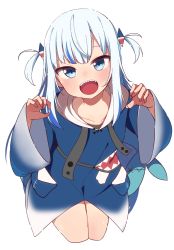 Rule 34 | 1girl, :d, absurdres, blue eyes, blue hair, blue hoodie, blush, commentary, cropped legs, drawstring, fins, fish tail, gawr gura, gawr gura (1st costume), hair ornament, hands up, highres, hololive, hololive english, hood, hood down, hoodie, long sleeves, looking at viewer, multicolored hair, okota mikan, open mouth, shark tail, sharp teeth, simple background, sleeves past wrists, smile, solo, streaked hair, tail, teeth, two side up, virtual youtuber, white background, wide sleeves
