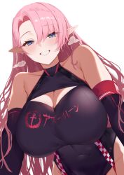 Rule 34 | 1girl, absurdres, anchor, azur lane, bare shoulders, black gloves, blue eyes, blush, breasts, breath, cleavage, cleavage cutout, clothes writing, clothing cutout, commentary request, commission, covered navel, duke of york (azur lane), duke of york (prestige of the glorious formula) (azur lane), ear piercing, elbow gloves, eyes visible through hair, gloves, hair between eyes, hair over one eye, highres, large breasts, leotard, long hair, looking at viewer, nakatama kyou, official alternate costume, parted lips, piercing, pink hair, pointy ears, print leotard, race queen, simple background, skeb commission, smile, solo, swept bangs, very long hair, white background