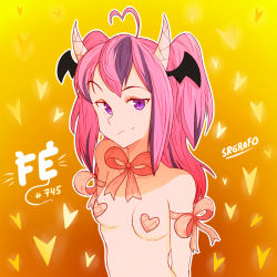 Rule 34 | 1girl, breasts, horns, ironmouse, multicolored hair, pasties, purple eyes, small breasts, srgrafo, twintails, upper body, virtual youtuber, vshojo