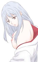 Rule 34 | 10s, 1girl, bad id, bad pixiv id, breasts, brown eyes, female focus, japanese clothes, kantai collection, long hair, miko, nipples, no bra, no headwear, off shoulder, shoukaku (kancolle), silver hair, simple background, solo, udon (shiratama), upper body, white background