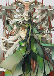 Rule 34 | 1boy, ashiya douman (fate), asymmetrical clothes, asymmetrical hair, bad id, bad pixiv id, bell, black eyes, black hair, blood, curly hair, earrings, eyeshadow, fate/grand order, fate (series), feet out of frame, fingernails, giant, green eyeshadow, green kimono, green lips, green nails, hair bell, hair between eyes, hair intakes, hair ornament, highres, japanese clothes, jewelry, kimono, lipstick, long hair, magatama, magatama earrings, makeup, male focus, multicolored hair, nail polish, open clothes, open kimono, pool of blood, ribbed sleeves, ribs, sharp fingernails, shikigami, shuiqin, skeleton, smile, solo, split-color hair, toned, toned male, two-tone hair, very long fingernails, very long hair, white hair