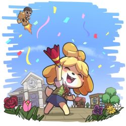 Rule 34 | 1boy, 1girl, andou cocoa, blonde hair, animal crossing, closed eyes, furry, nintendo, open mouth, isabelle (animal crossing), short hair, smile, villager (animal crossing)