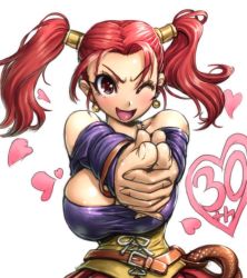 Rule 34 | 1girl, amania orz, anniversary, bare shoulders, breasts, cleavage, corset, dragon quest, dragon quest viii, huge breasts, jessica albert, one eye closed, open mouth, pointing, purple shirt, red hair, shirt, smile, solo, square enix, twintails, white background