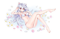 Rule 34 | 1girl, alternate breast size, animal ears, arm up, armpits, ass, bare arms, bare legs, bare shoulders, barefoot, bra, breasts, cat ears, elsword, eve (elsword), facial mark, flower, hand up, heart, heart-shaped pupils, highres, legs up, long hair, looking at viewer, mal poi, medium breasts, navel, panties, pink panties, plantar flexion, red eyes, solo, stomach, string panties, symbol-shaped pupils, thighs, toes, underwear, underwear only, white background, white bra, white hair