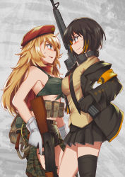 Rule 34 | 2girls, ak-47, ak-47 (girls&#039; frontline), armband, assault rifle, belt pouch, beret, black hair, black legwear, blonde hair, blue eyes, blush, bra, braid, breasts, brown eyes, camouflage, camouflage shorts, cleavage, clip, coat, collared shirt, commentary request, cowboy shot, digital camouflage, explosive, eyepatch, from side, girls&#039; frontline, gloves, green bra, grenade, grey background, gun, hat, highres, jacket, kalashnikov rifle, large breasts, long hair, m16, m16a1, m16a1 (girls&#039; frontline), magazine (weapon), medium breasts, multicolored hair, multiple girls, open clothes, open coat, persocon93, pleated skirt, pouch, red scarf, rifle, scarf, shirt, shorts, single thighhigh, skirt, smile, standing, streaked hair, thighhighs, trigger discipline, underwear, vest, weapon, yellow vest