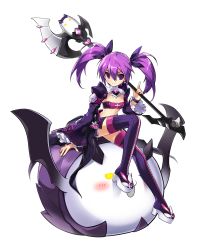Rule 34 | 1girl, aisha landar, angkor (elsword), bandeau, boots, bow, bracelet, breasts, cleavage, closed mouth, creature, elsword, full body, hair bow, highres, holding, holding staff, jewelry, looking at viewer, miniskirt, official art, purple bow, purple eyes, purple footwear, purple hair, purple skirt, ress, short hair, sitting, sitting on person, skirt, small breasts, smile, staff, thigh boots, thighhighs, transparent background, twintails, void princess (elsword), zettai ryouiki
