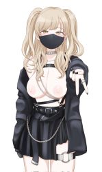 Rule 34 | 1girl, belt, black jacket, black nails, black skirt, breasts, breasts out, chain, commentary request, covered mouth, cowboy shot, grey choker, highres, jacket, jewelry, large breasts, light brown hair, long hair, long sleeves, looking at viewer, mask, mouth mask, nail polish, nijisanji, nipples, o-ring, o-ring thigh strap, off shoulder, ring, simple background, sister claire, sister claire (9th costume), skirt, solo, thigh strap, twintails, v, virtual youtuber, white background, yellow eyes, yorokoro md