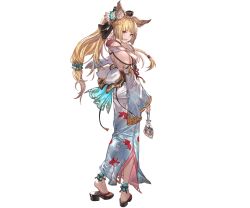 Rule 34 | 1girl, animal, animal ears, animal print, bare shoulders, barefoot, blonde hair, braid, erune, fish, fish print, from behind, full body, granblue fantasy, hair ornament, holding, japanese clothes, kimono, long hair, looking at viewer, looking back, minaba hideo, official art, open mouth, purple eyes, sandals, sash, smile, solo, standing, transparent background, wide sleeves, yuisis (granblue fantasy)