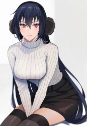 Rule 34 | 1girl, alternate costume, between legs, black hair, black skirt, black thighhighs, breasts, commentary request, earmuffs, hair between eyes, hand between legs, highres, kantai collection, kasumi (skchkko), large breasts, long hair, long sleeves, looking at viewer, nagato (kancolle), parted lips, red eyes, ribbed sweater, simple background, skirt, smile, solo, sweater, thighhighs, white sweater