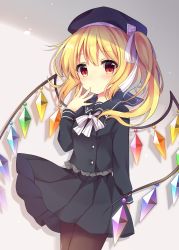 Rule 34 | 1girl, absurdres, alternate costume, beret, black hat, black sailor collar, black serafuku, black skirt, blonde hair, bow, bowtie, breasts, brown pantyhose, commentary request, contemporary, cowboy shot, crystal, flandre scarlet, frills, grey background, hair between eyes, hair ribbon, hand up, hat, highres, long hair, long sleeves, neck ribbon, one side up, pantyhose, pleated skirt, purple ribbon, red eyes, ribbon, ruhika, sailor collar, school uniform, serafuku, shadow, simple background, skirt, skirt set, small breasts, solo, standing, striped bow, striped bowtie, striped clothes, striped neckwear, striped ribbon, thighs, touhou, white ribbon, wings