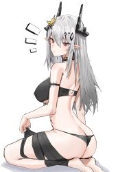 Rule 34 | 1girl, arknights, ass, bikini, black bikini, breasts, butt crack, demon girl, demon horns, flower, from behind, grey hair, hair between eyes, hair flower, hair ornament, highres, horn/wood, horns, large breasts, long hair, looking at viewer, looking back, material growth, mudrock (arknights), mudrock (silent night) (arknights), notice lines, official alternate costume, oripathy lesion (arknights), pointy ears, red eyes, seiza, simple background, sitting, solo, swimsuit, white background, yellow flower
