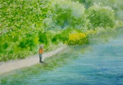 Rule 34 | 1other, bush, fishing, fishing rod, grass, highres, holding, holding fishing rod, original, painting (medium), plant, reflection, reflective water, scenery, solo, tall grass, traditional media, tree, water, watercolor (medium), yamaji nao