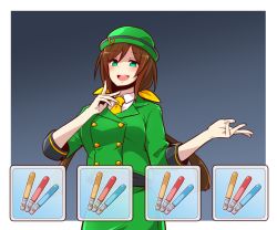 Rule 34 | 1girl, aqua eyes, bow, bowler hat, brown hair, buttons, collared shirt, commentary, double-breasted, dress shirt, formal, gameplay mechanics, glowstick, gradient background, green hat, green jacket, green skirt, grey background, hair bow, hat, hayakawa tazuna, jacket, long hair, low ponytail, necktie, open mouth, outside border, shaded face, shirt, skirt, skirt suit, solo, split ponytail, suit, umamusume, user interface, very long hair, white shirt, yellow bow, yellow necktie, yonedatomo mizu