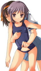 Rule 34 | 00s, 2girls, assisted exposure, blue one-piece swimsuit, brown hair, clothes lift, clothes pull, female focus, lifting another&#039;s clothes, lowres, multiple girls, nagato yuki, one-piece swimsuit, one-piece swimsuit pull, purple hair, school swimsuit, school swimsuit flap, short hair, simple background, suzumiya haruhi, suzumiya haruhi no yuuutsu, swimsuit, swimsuit lift, white background, yuri, yuuji overall