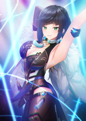 Rule 34 | 1girl, armpits, arms up, black gloves, black hair, black thighhighs, blue dress, blue hair, braid, breasts, chisi, cleavage, clothing cutout, diagonal bangs, dice, dress, earrings, elbow gloves, feather-trimmed jacket, genshin impact, gloves, green eyes, highres, holding dice, jacket, jacket on shoulders, jewelry, large breasts, looking at viewer, mole, mole on breast, multicolored hair, neck tassel, parted lips, pelvic curtain, short hair, single elbow glove, sleeveless, sleeveless dress, smile, solo, thighhighs, two-tone hair, vision (genshin impact), white jacket, yelan (genshin impact)