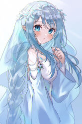 Rule 34 | 1girl, absurdres, beads, blue eyes, blue hair, blush, braid, detached collar, detached sleeves, dress, ear piercing, from side, hand on own chest, head wreath, highres, long hair, long sleeves, looking at viewer, nail polish, original, parted lips, piercing, pointy ears, shinzousan, solo, strapless, strapless dress, very long hair