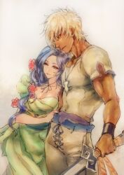 Rule 34 | 1boy, 1girl, blonde hair, blue hair, breasts, charl, choker, claudia claudius, cleavage, cowboy shot, dress, flower, green dress, hair between eyes, hair flower, hair ornament, hair over shoulder, half-closed eyes, holding, holding another&#039;s arm, holding sword, holding weapon, kin mokusei, large breasts, leaning on person, long dress, long hair, muscular, muscular male, pale skin, pants, parted bangs, pink flower, pink rose, ribbon choker, romancing saga 3, rose, saga, shirt, short hair, short sleeves, smile, sword, tan, wavy hair, weapon, white background, white pants, white shirt, wristband